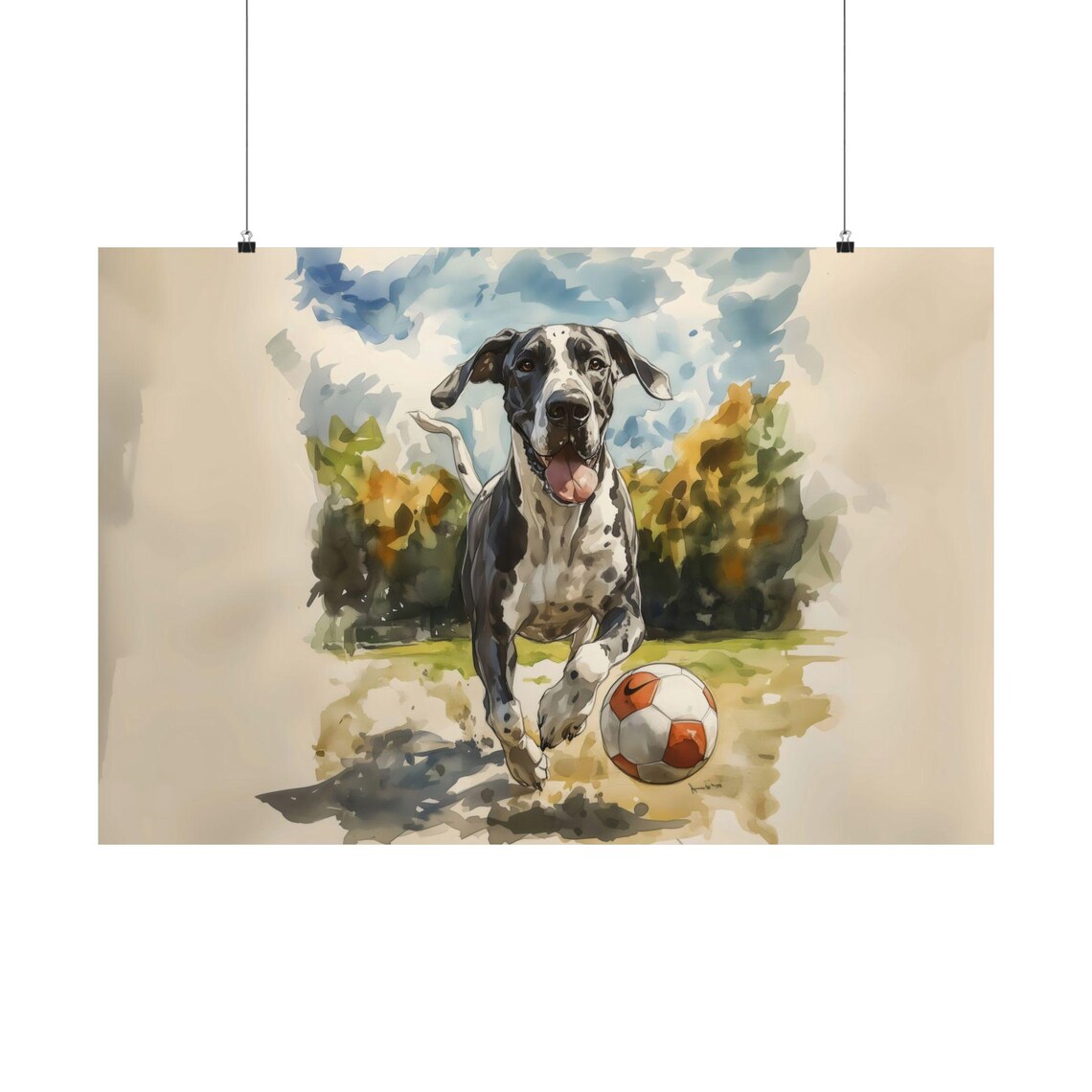 Great Dane Playing Soccer Playful Watercolor Dog Breed Poster - Image 3