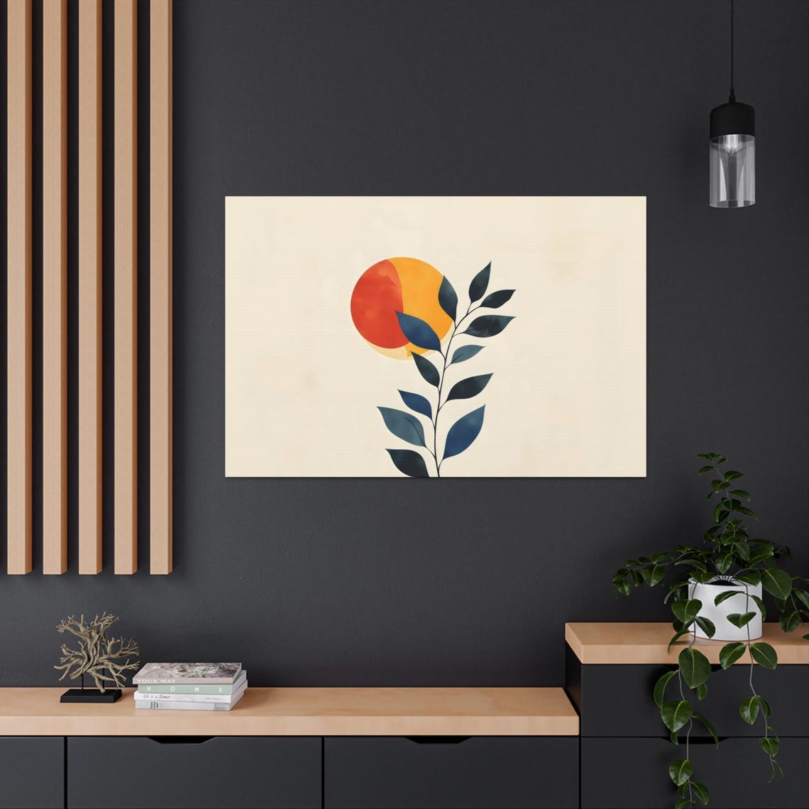 Minimalist Orange Sun Navy Branch Abstract Botanical Wall Art - Image 3