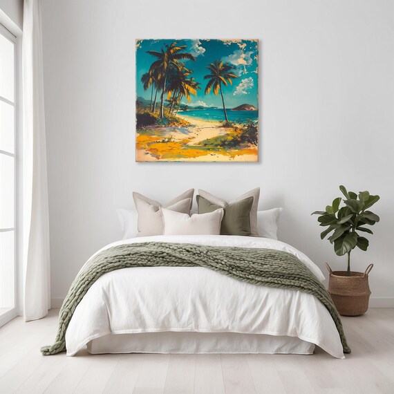Retro Tropical Beach With Tall Palm Trees Turquoise Sea Wall Art