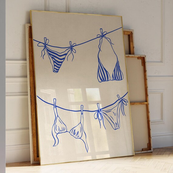 Blue Line Art Bikinis Hanging On Clothesline Preppy Beach Wall Art