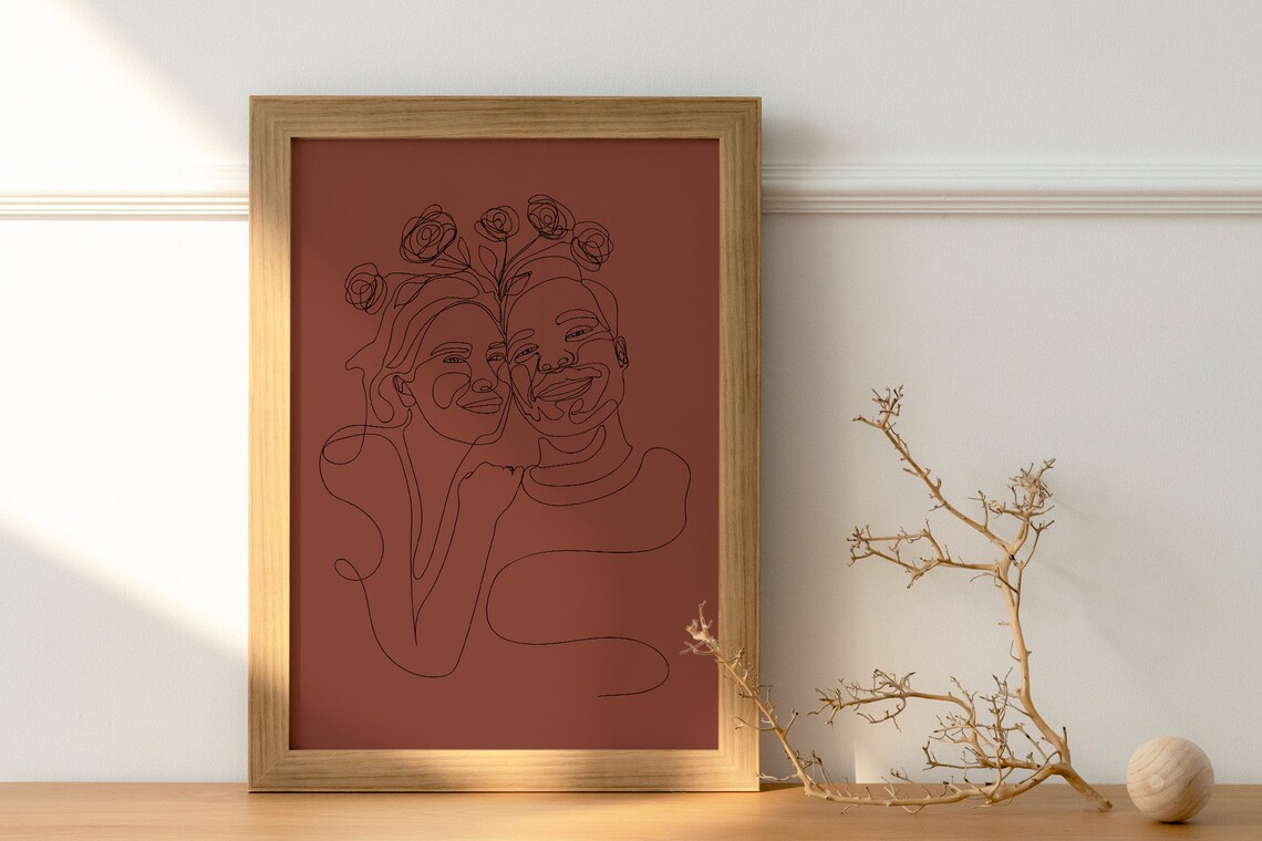 Line Art Couple With a Bright Floral Bouquet Cheek Kiss Poster - Image 2