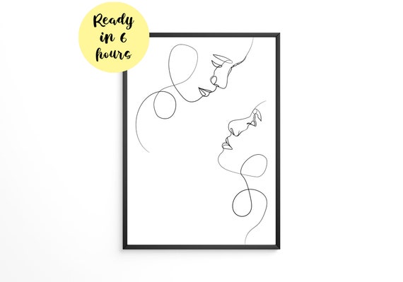 Personalized Couple Faces One Line Drawing Minimalist Black White Wall Art