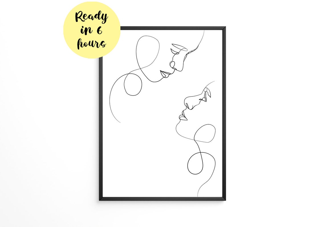 Personalized Couple Faces One Line Drawing Minimalist Black White Wall Art