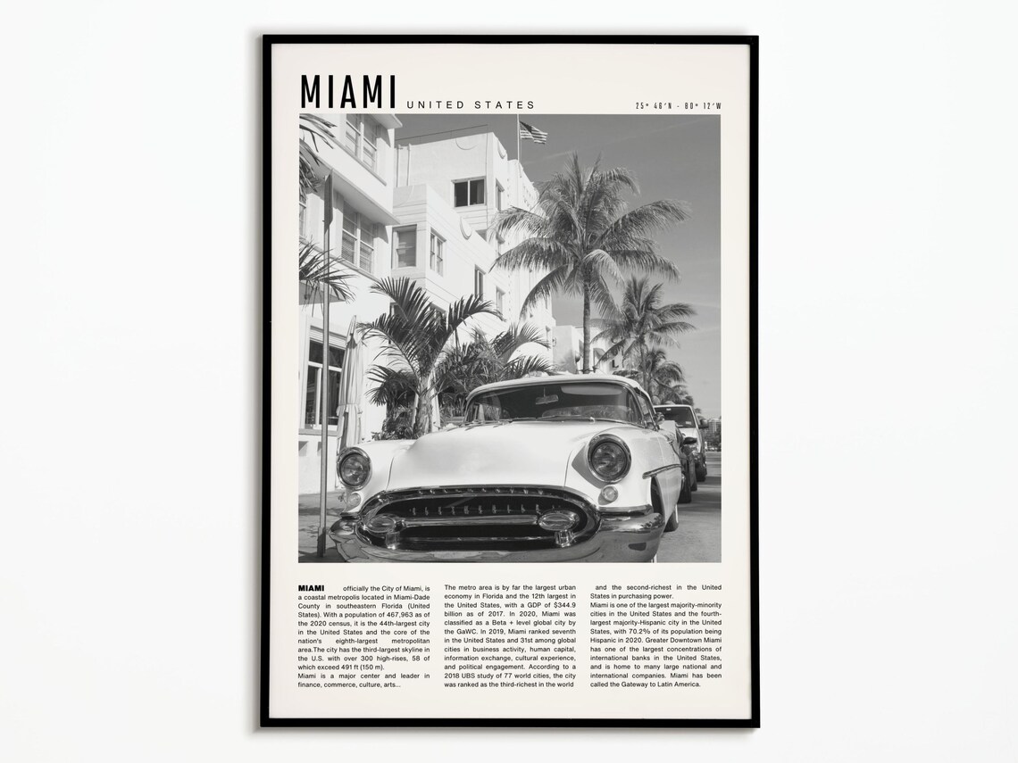 Miami United States Classic Car Palms Black and White Photo Poster