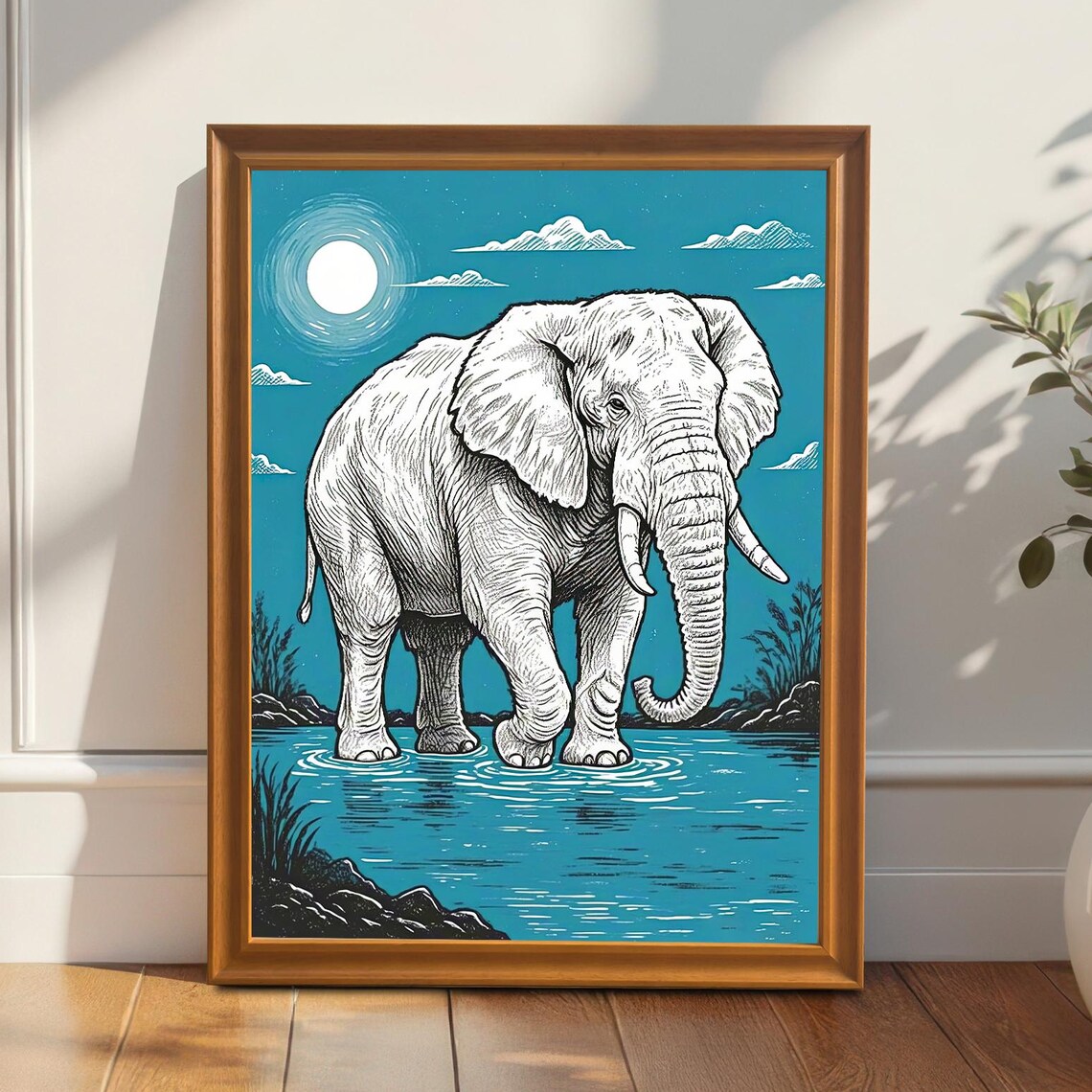 Moonlit African Elephant Wildlife Art Print