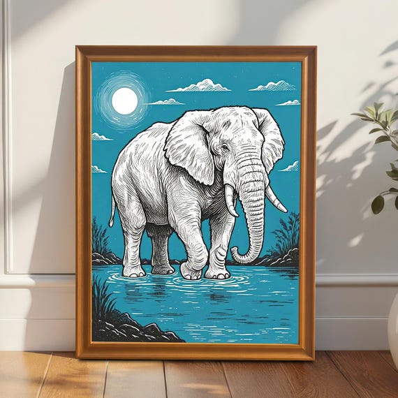 Moonlit African Elephant Wildlife Art Print