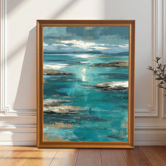 Teal Seascape Art Print Abstract Ocean Gicle Wood Frame