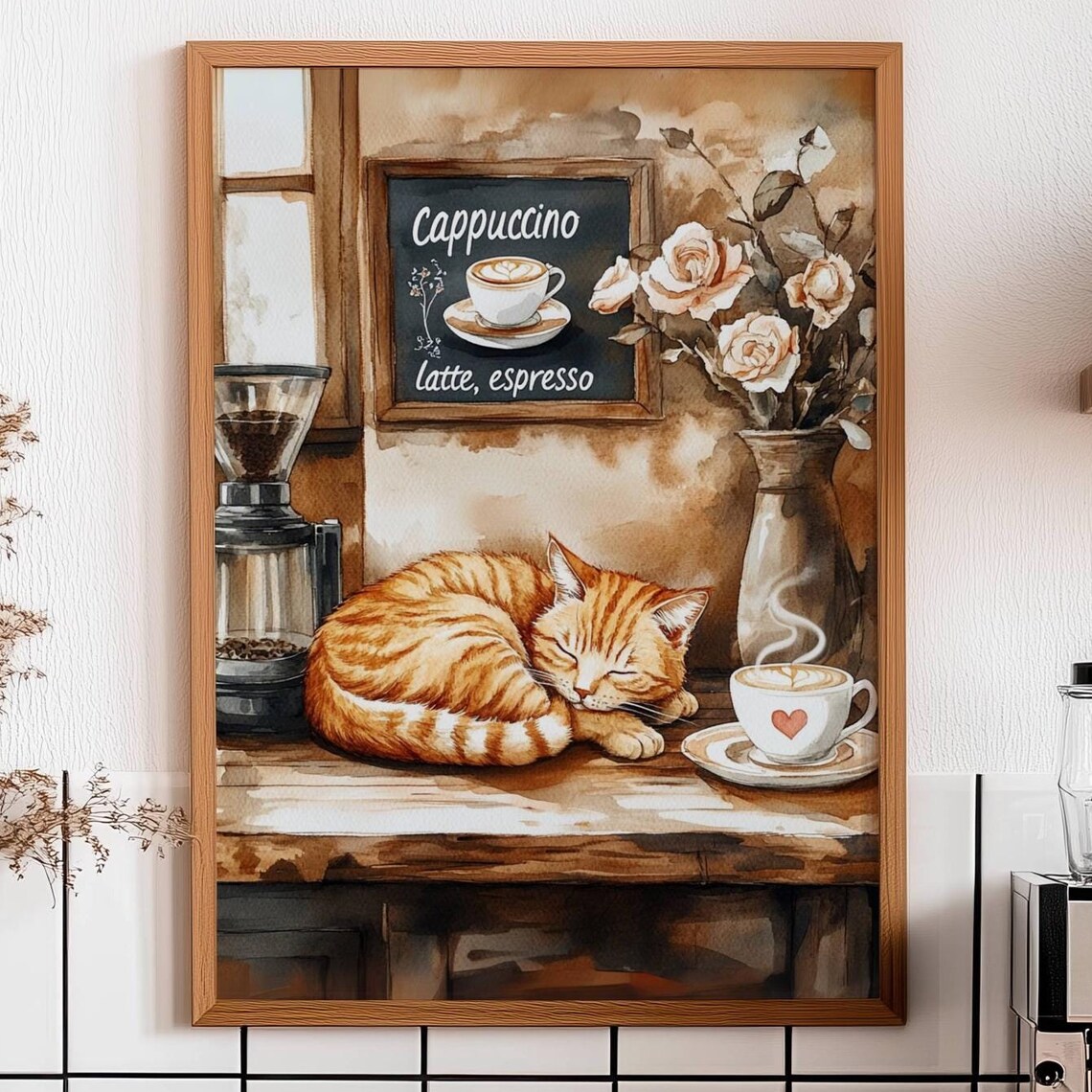 Cozy Orange Tabby Cat Napping Peacefully Beside a Heart-Topped Cappuccino Poster