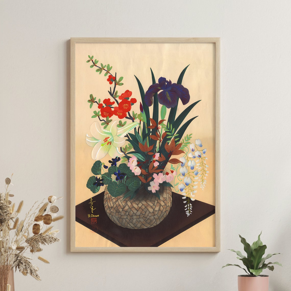 Ikebana Flowers in Woven Bamboo Basket Ohno Bakufu Art Poster