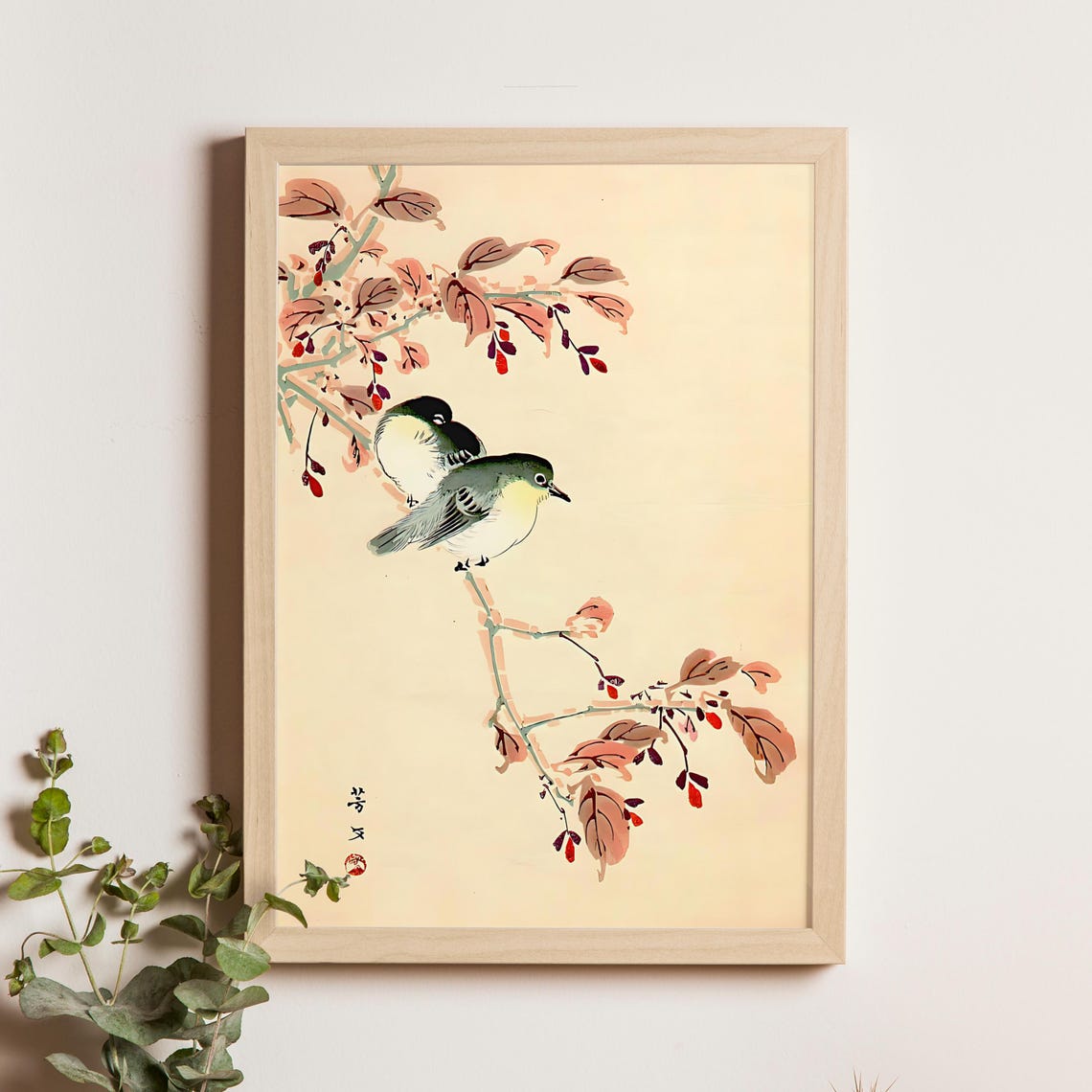 Kikuchi Hobun Two Birds On A Berry Branch Vintage Japanese Poster