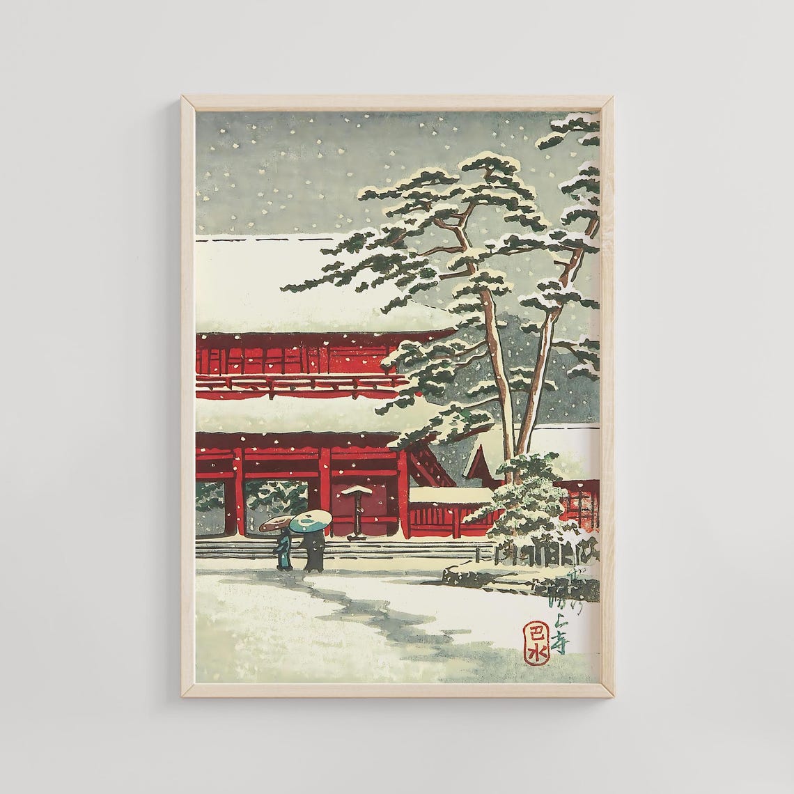 Vermilion Temple Gate in Falling Snow with Umbrellas Art Print