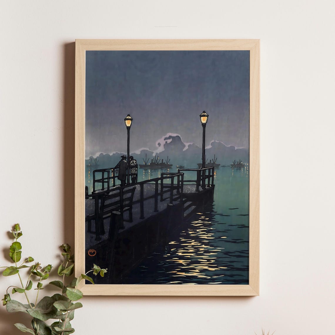 Kawase Hasui Harbor at Night Otaru Pier Lamps Woodblock Poster