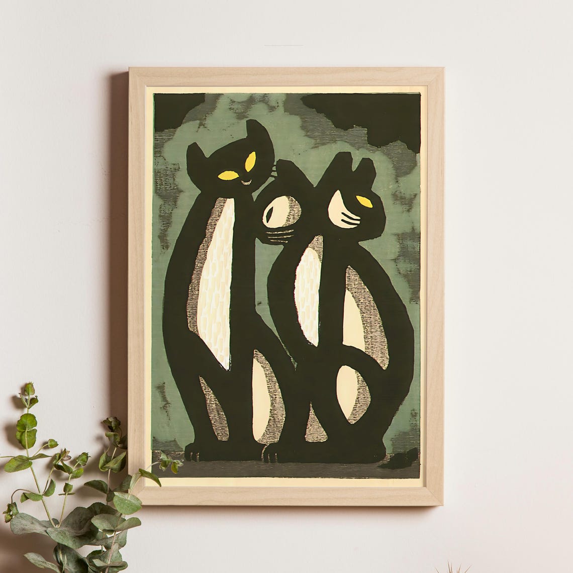 Friendly Cats Inagaki Tomoo 1980 Japanese Woodblock Print Of Two Vintage Animal Art Modernist Feline Gicle Poster Decor