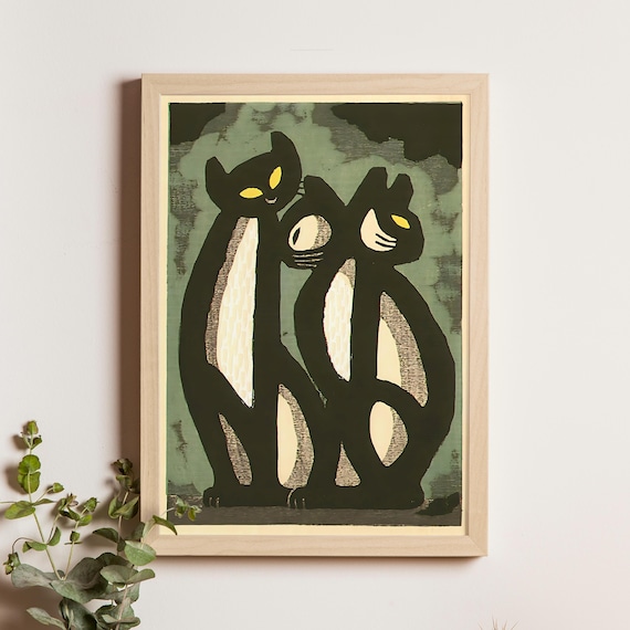 Inagaki Tomoo Friendly Cats Trio 1980 Japanese Woodblock Poster