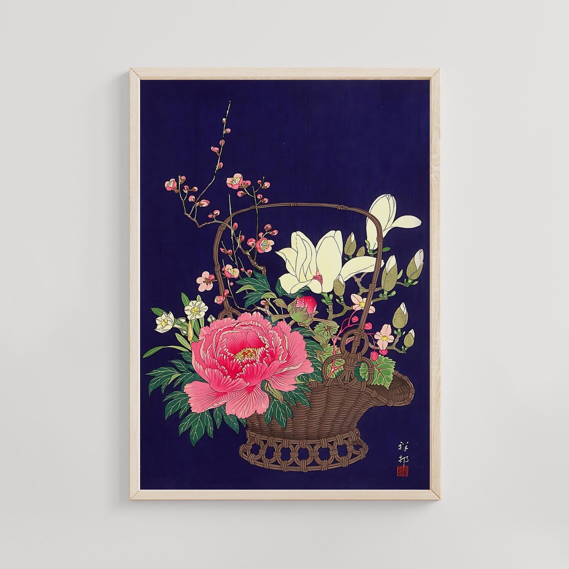 Ohara Koson Flower Basket Pink Peony Japanese Woodblock Art Poster