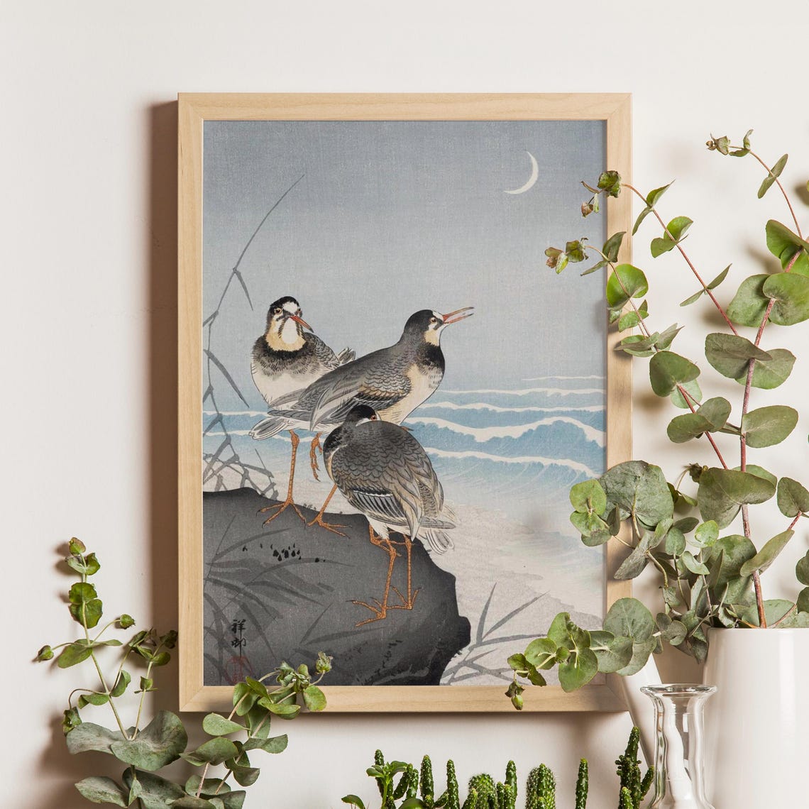 Ohara Koson Plovers on Rock by Moonlit Ocean Waves Japanese Poster