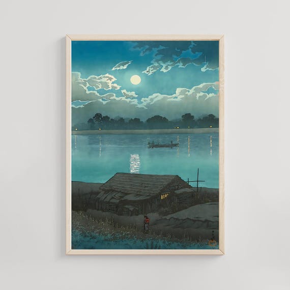 Moon On The Arakawa River Kawase Hasui 1931 Japanese Shinhanga Night Landscape Print Full Woodblock Art Poster
