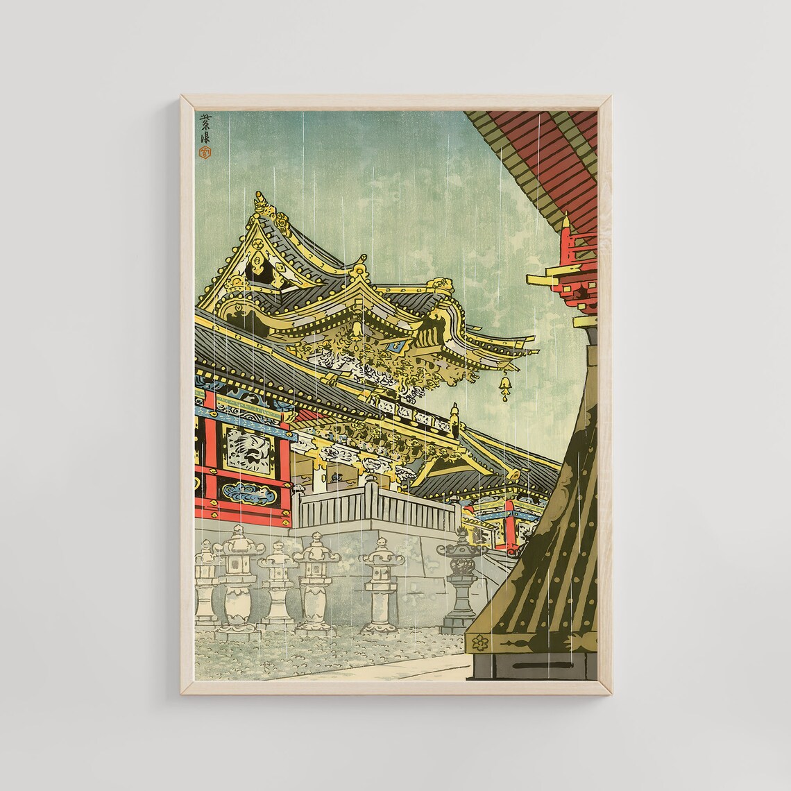 Ornate Golden Temple Roof Rain Stone Lanterns Woodblock Poster