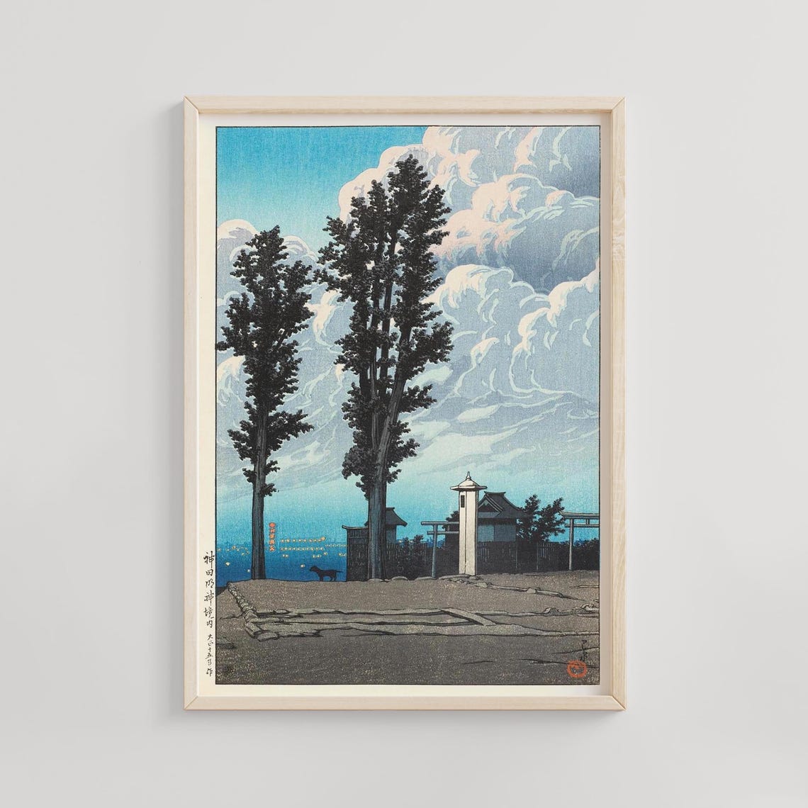 Twin Dark Trees Above Shrine with Torii Under Dramatic Clouds Print