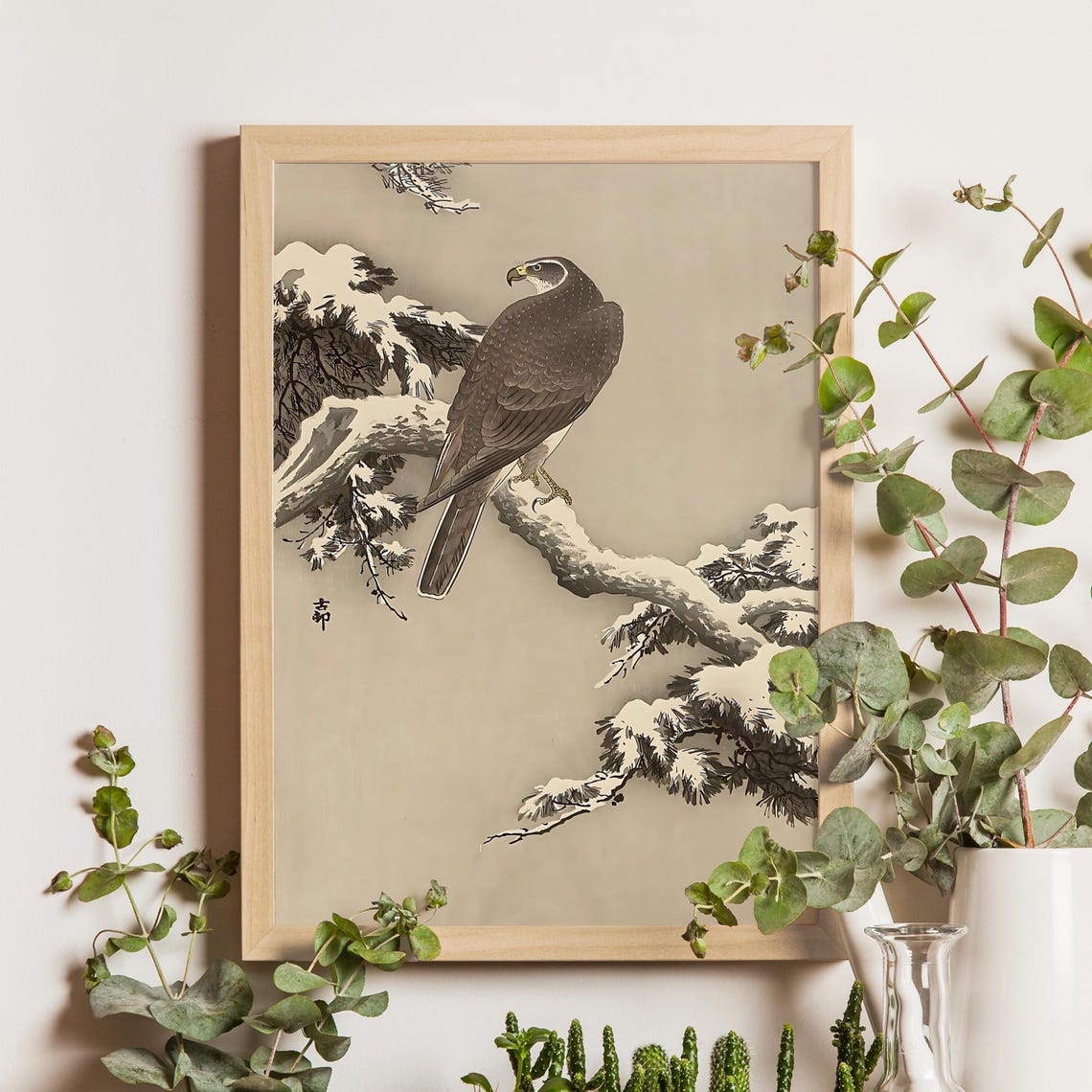 Goshawk on Snow Covered Pine Branch Winter Japanese Woodblock Poster
