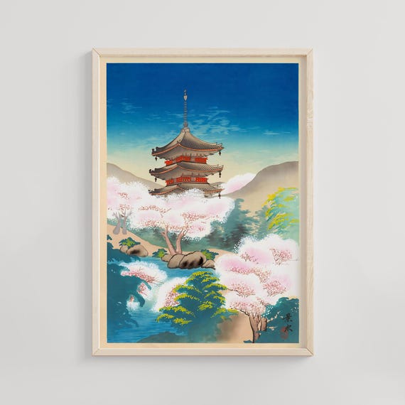 Pagoda In Spring Keisui 1930s Japanese Temple Print With Cherry Blossoms Landscape Poster Vintage Japan Wall Decor