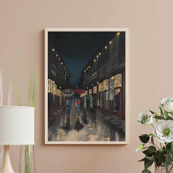 Rainy Night Shopping Street With Lanterns Japanese Woodblock Poster