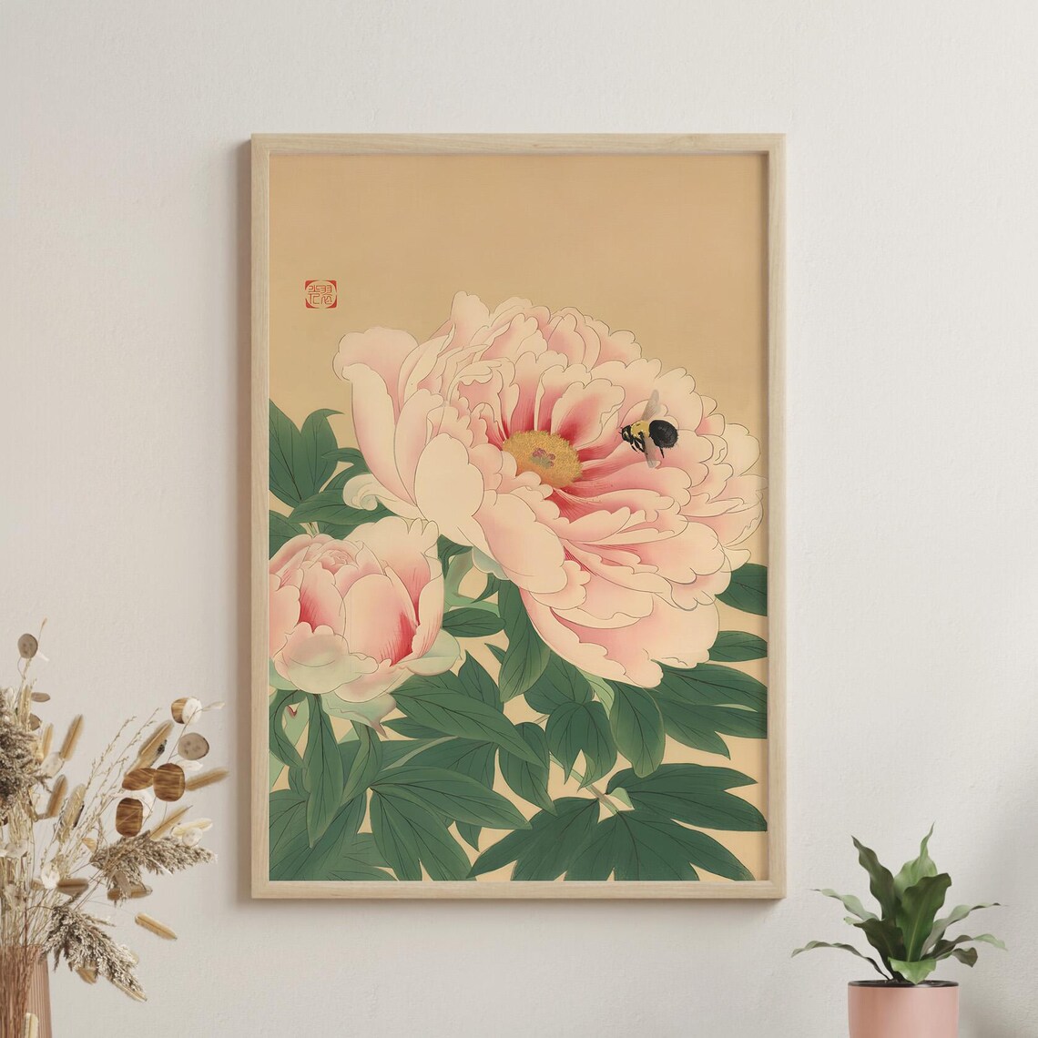 Pink Peonies With Bumblebee Japanese Woodblock Floral Art Poster