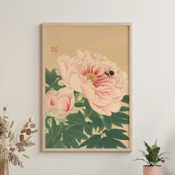 Peony And Bee By Fukuda Suiko Ukiyoe Poster Vintage Japanese Art Woodblock Print