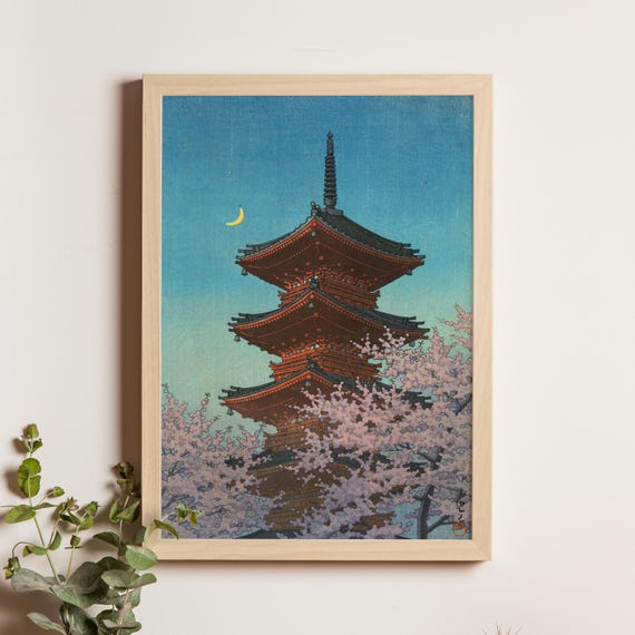 Spring Evening At The Toshogu Shrine In Ueno Kawase Hasui 1940 Japanese Woodblock Print Cherry Blossoms Art Deco Era