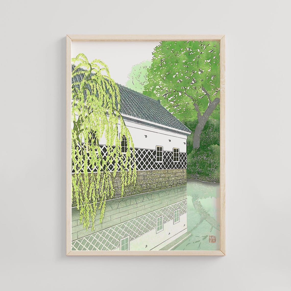 Japanese Canal House Willow Reflection Vintage Woodblock Art Poster