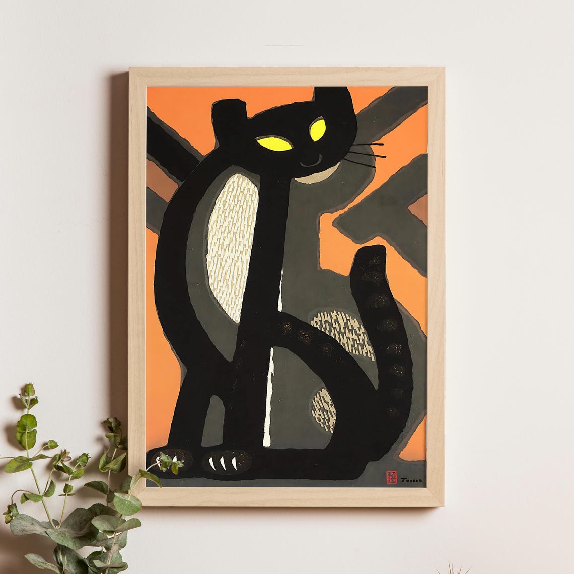 Inagaki Tomoo Black Cat With Sweeping Tail Orange Ground Poster