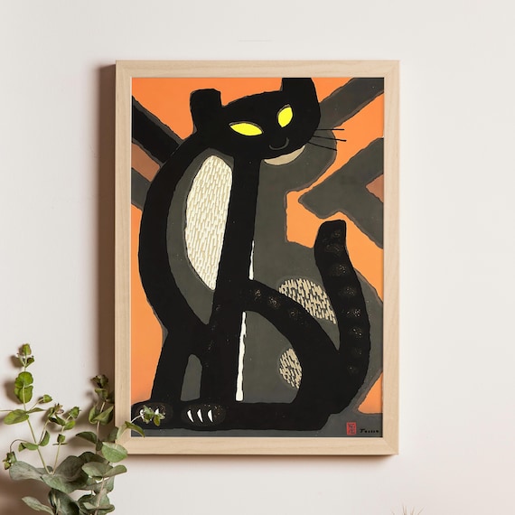 Inagaki Tomoo Black Cat With Sweeping Tail Orange Ground Poster