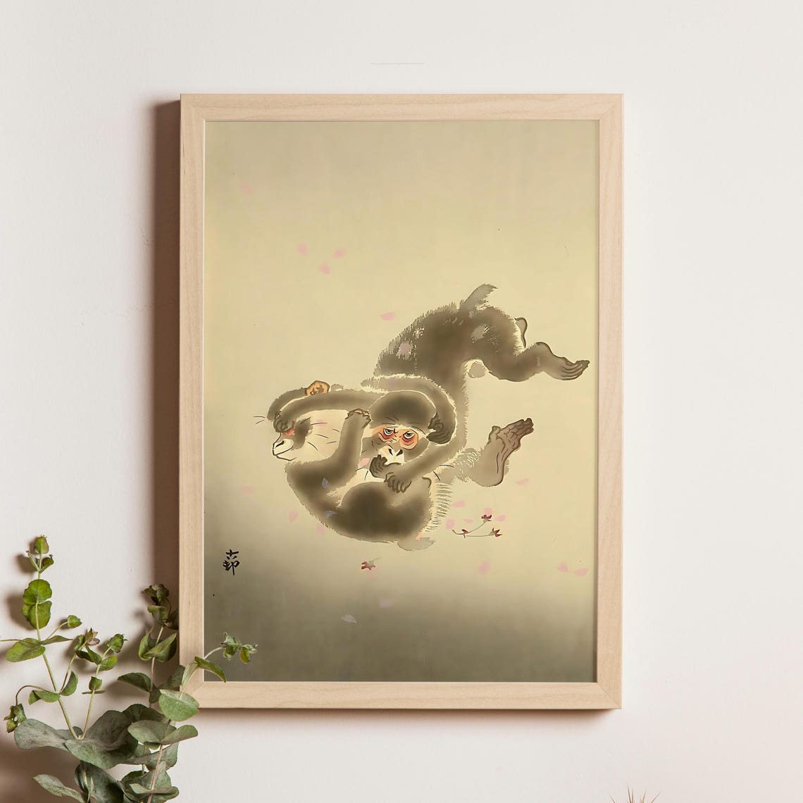 Ohara Koson Tumbling Monkey Cubs in Blossom Petals Japanese Poster