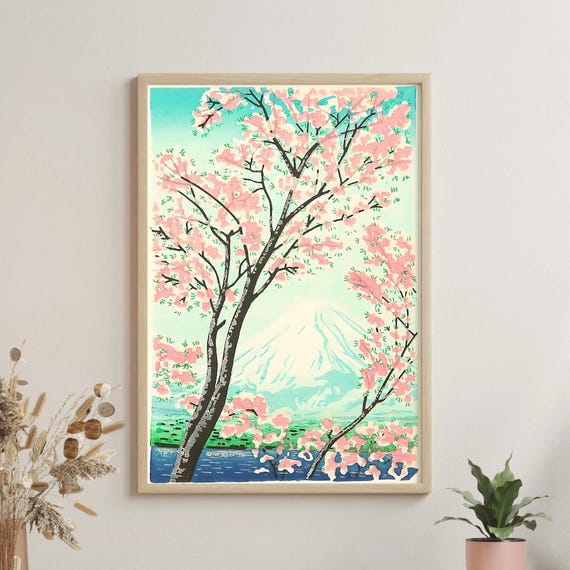 Fuji In Spring Shien 1950 Japanese Woodblock Print Mount Poster Cherry Blossom Art Landscape Vintage Japan