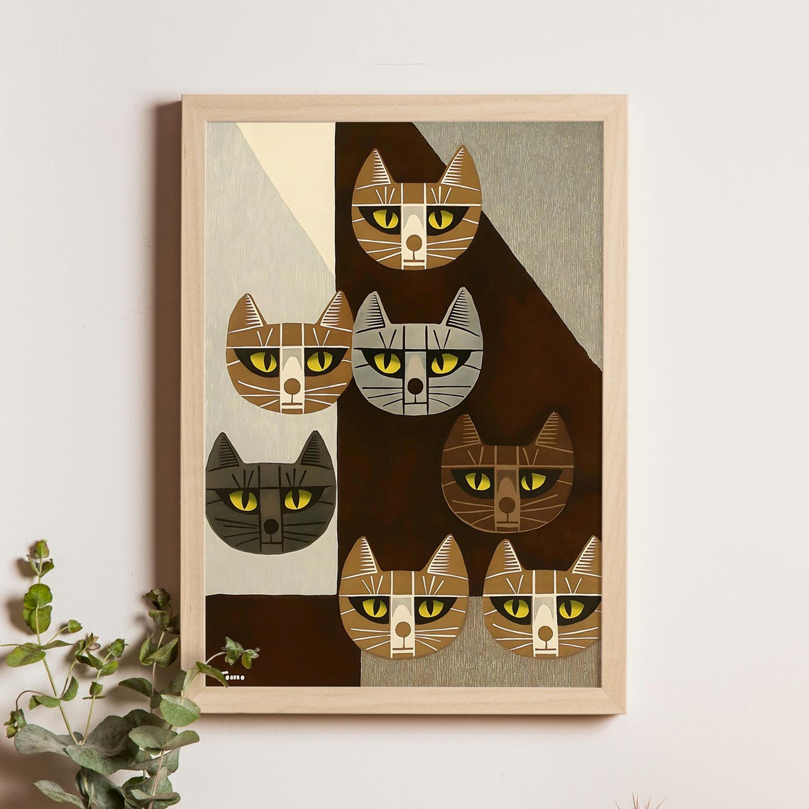 Inagaki Tomoo Seven Geometric Cat Faces Modern Japanese Poster