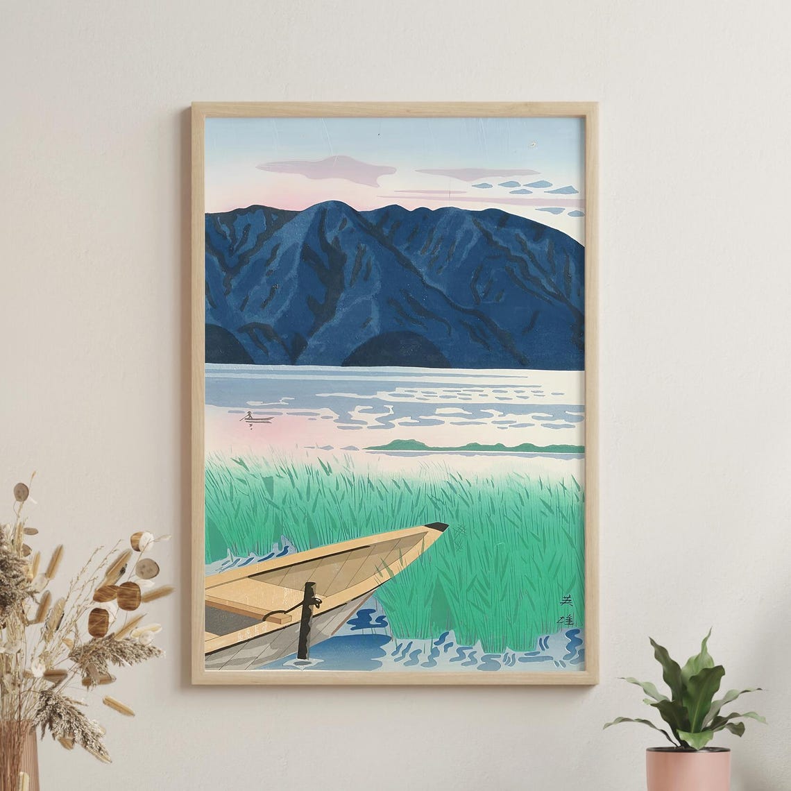 Tranquil Lake With Mountains Boat And Green Reeds Woodblock Poster