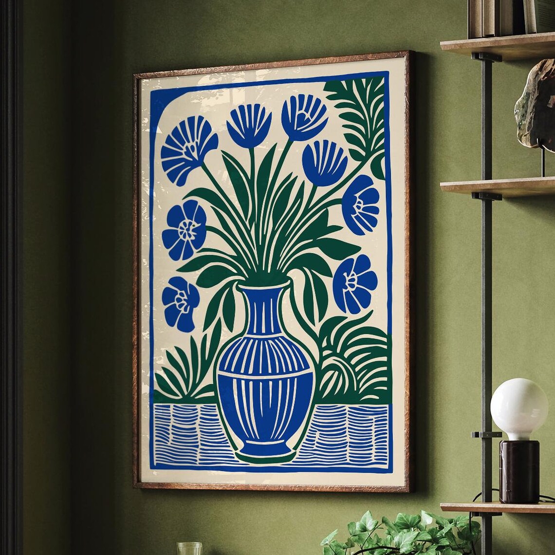 Vintage Modern Woodcut Blue Green Floral Vase Linocut Poster
