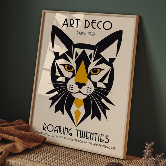 Art Deco Cat Poster Black Beige Geometric Feline Art Print Retro 1920s Design Modern Exhibition Print Luxury Airbnb Or Home Wall Decor