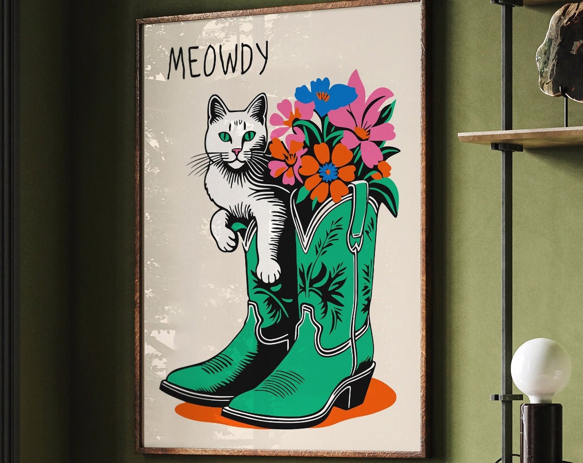 Meowdy Cat Cowboy Poster Country Music Print Funny Cat Poster Whimsical Cat In Cowboy Boots Wall Art Retro Cowboy Cat Kids Room Decor