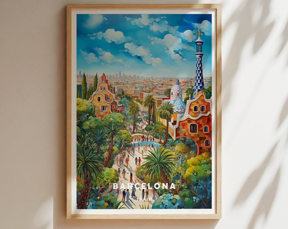 Barcelona Spain Park Guell Mosaic Pavilion Cityscape Travel Poster