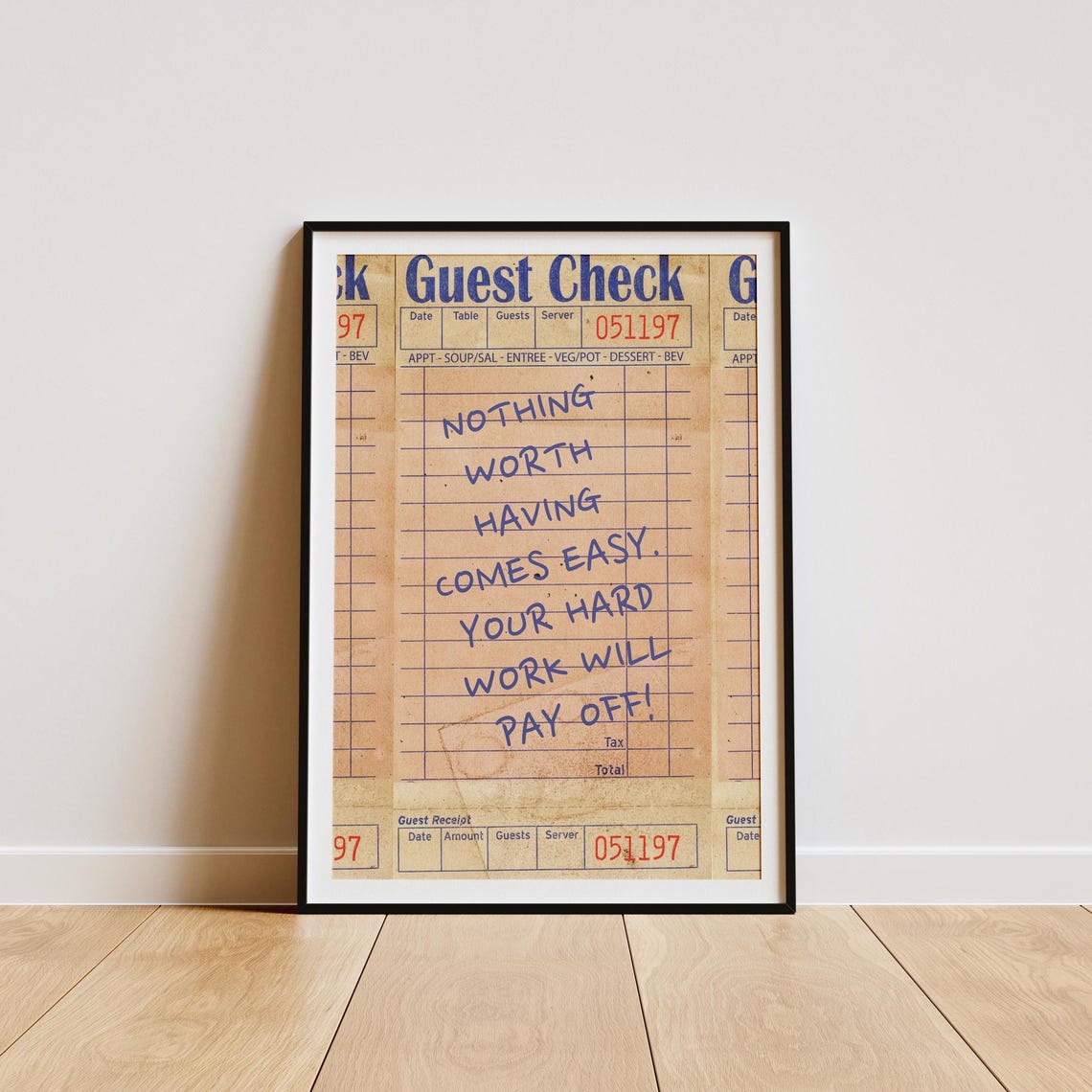 Vintage Restaurant Guest Check Hard Work Quote Motivational Poster