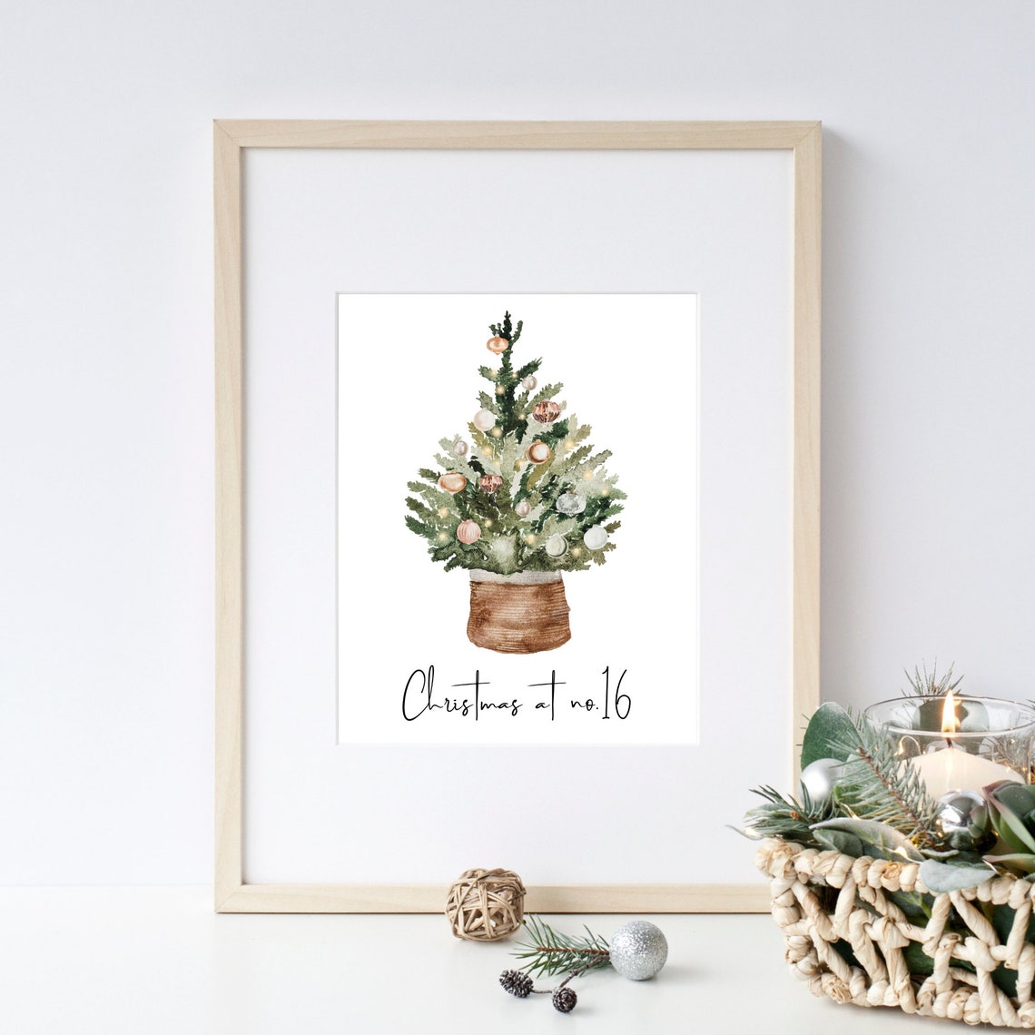 Christmas At No 16 Watercolor Tree Basket Personalized Holiday Poster - Image 2