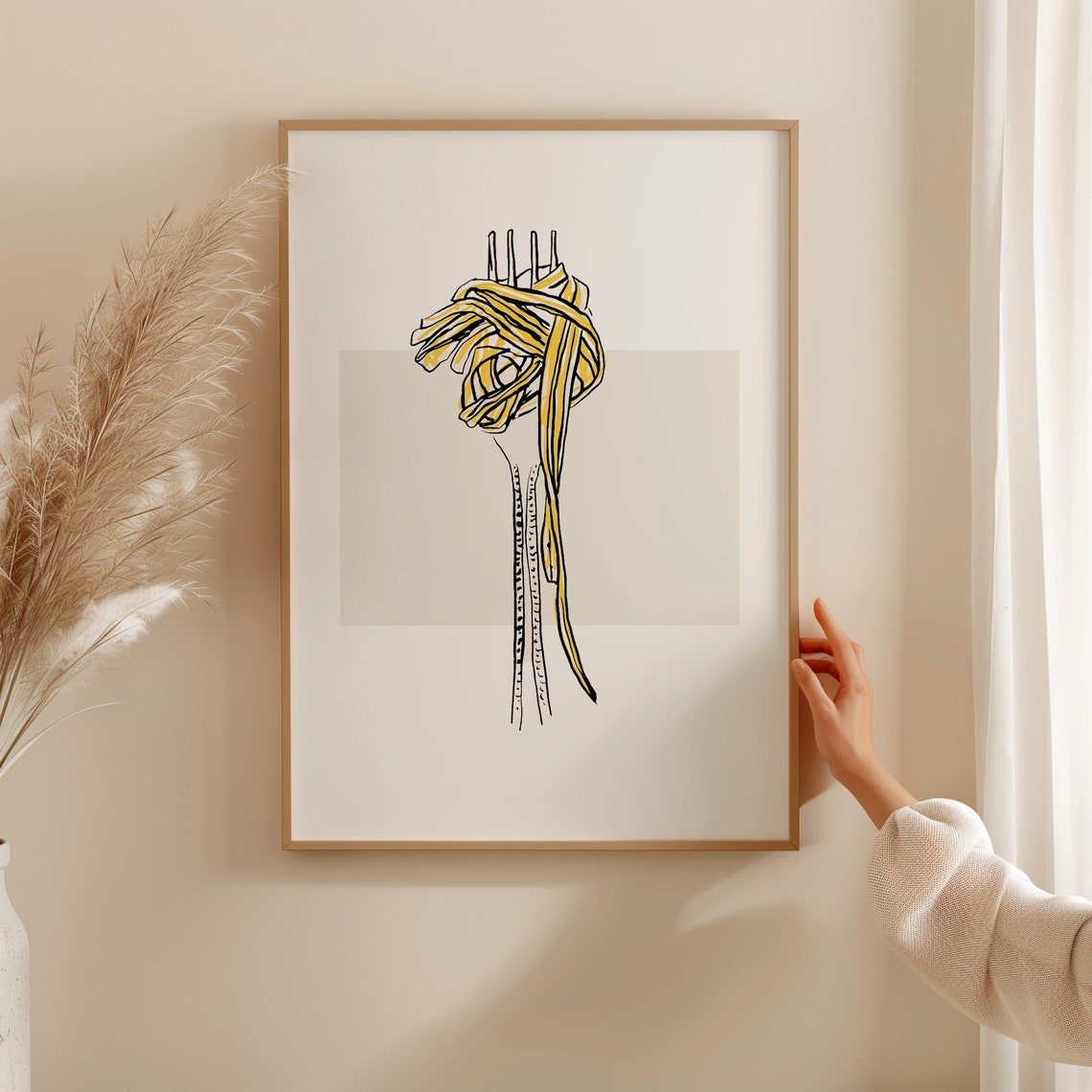 Spaghetti Twirl Fork Sketch Yellow Line Art Modern Kitchen Food Poster - Image 2