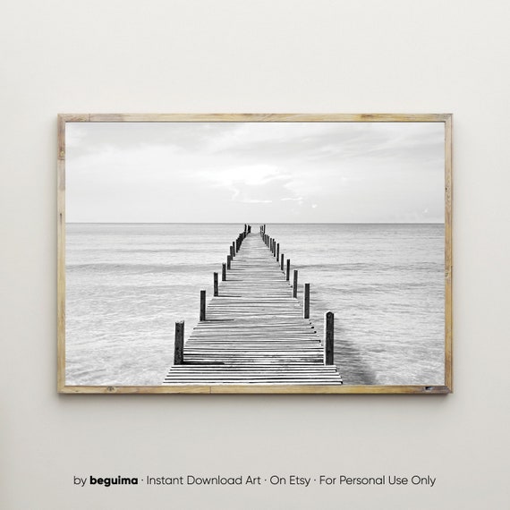 Wooden Pier Ocean Wall Art, Black White Photo Print