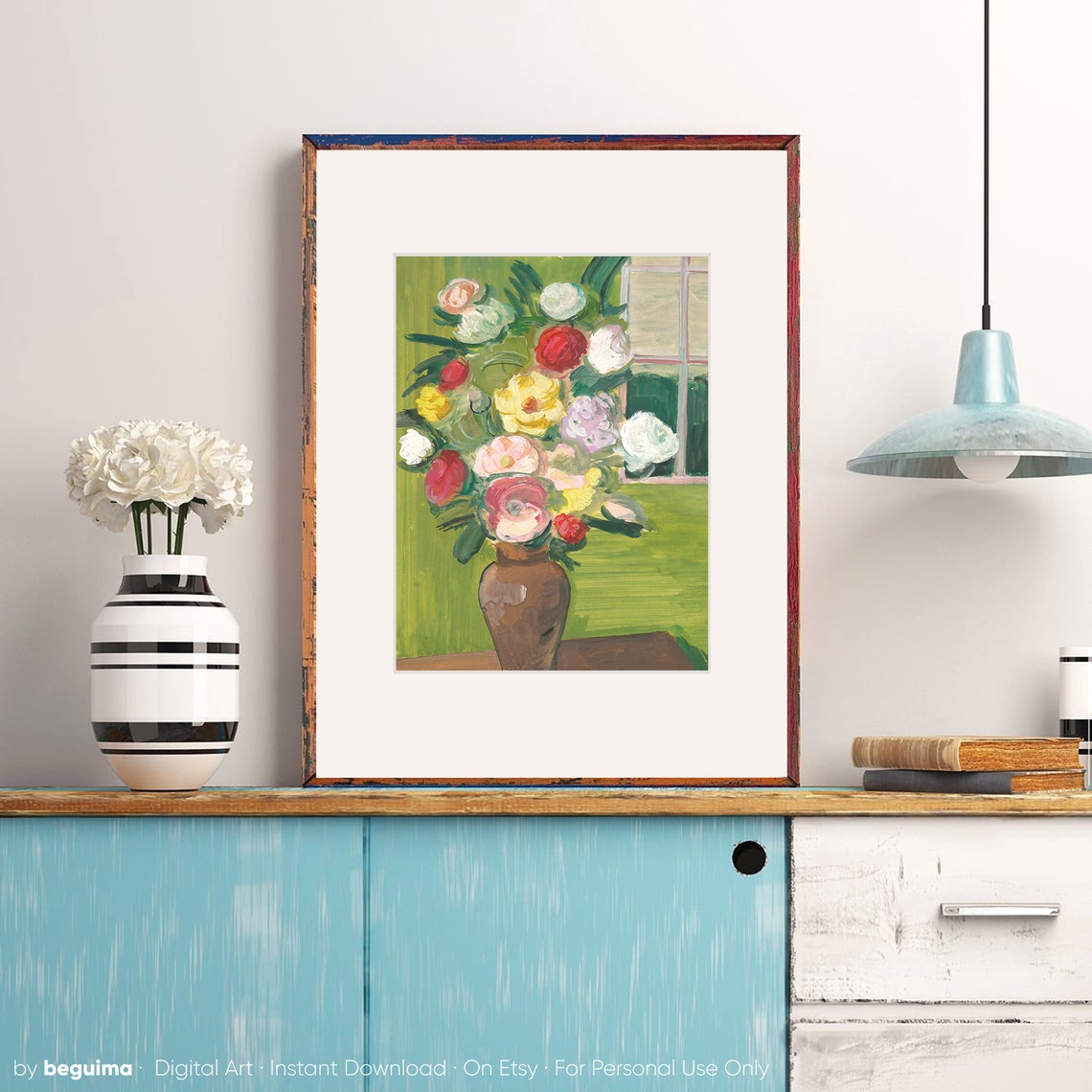 Colorful Flower Bouquet Brown Vase Window Still Life Art Poster - Image 4