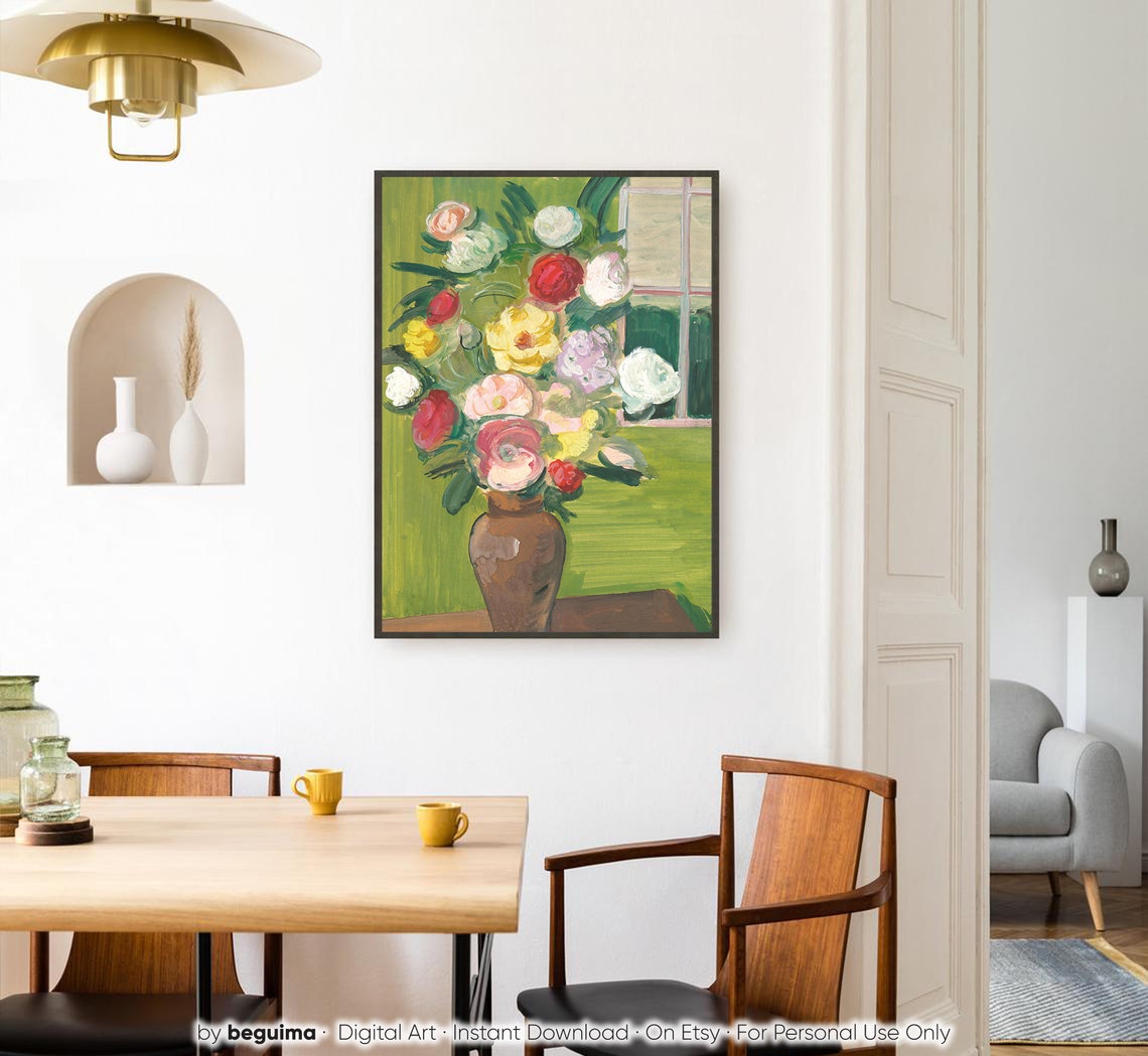 Colorful Flower Bouquet Brown Vase Window Still Life Art Poster - Image 3