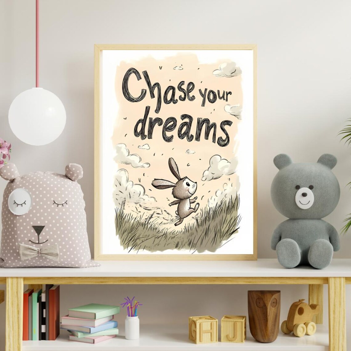 Bunny Chase Your Dreams Poster Whimsical Running Rabbit Nursery Art - Image 2