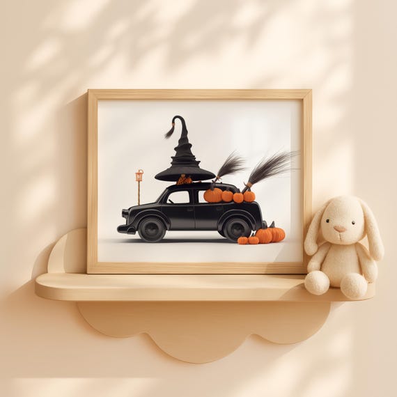 Nursery Witchs Broom Car Wall Art Baby Room Halloween Decor Toddler Fall Poster Spooky Vehicle Print