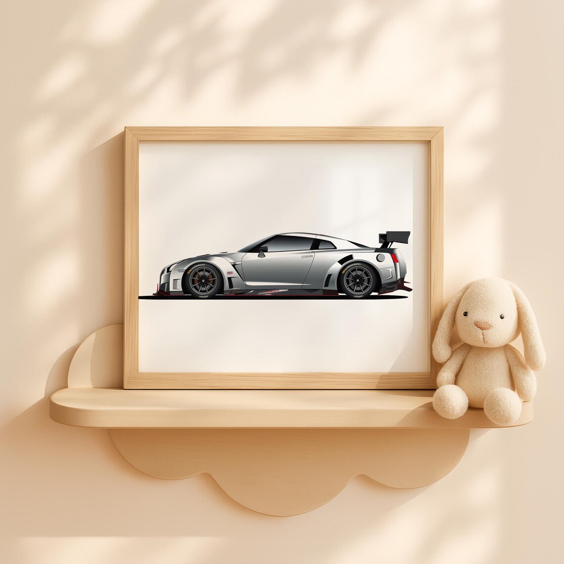 Silver Nissan GT R Race Car Nursery Poster JDM Supercar Boys Room Art