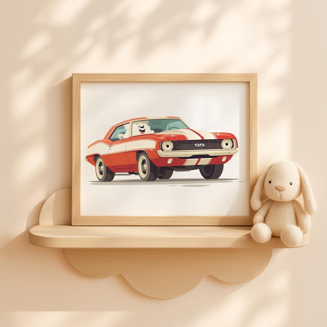 Puppy Driving a Classic Red Muscle Car Cute Whimsical Nursery Poster